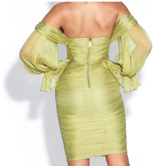 Sirene Olive Silk Pleated Off Shoulder Balloon Sleeves Dress - Picture 4 of 6